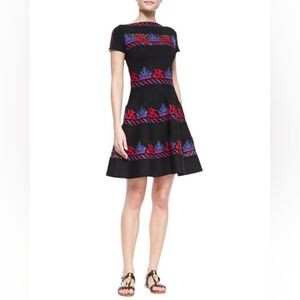 Valentino Blue Red Embroidered Tribal Print Short Sleeve Fit And Flare Dress
